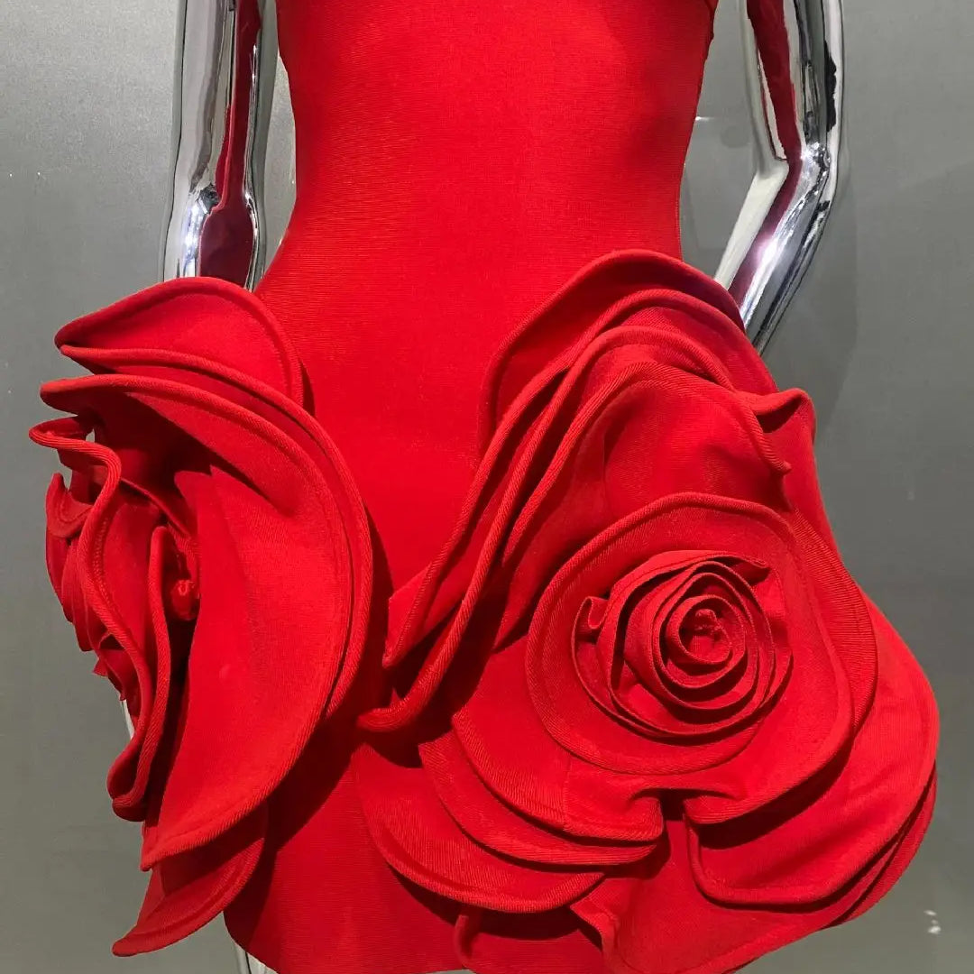 New Stereoscopic Flowers Strapless Red Bandage Mini Evening Dress Fashion Woman Birthday Party Dress Celebrity Party Outfit