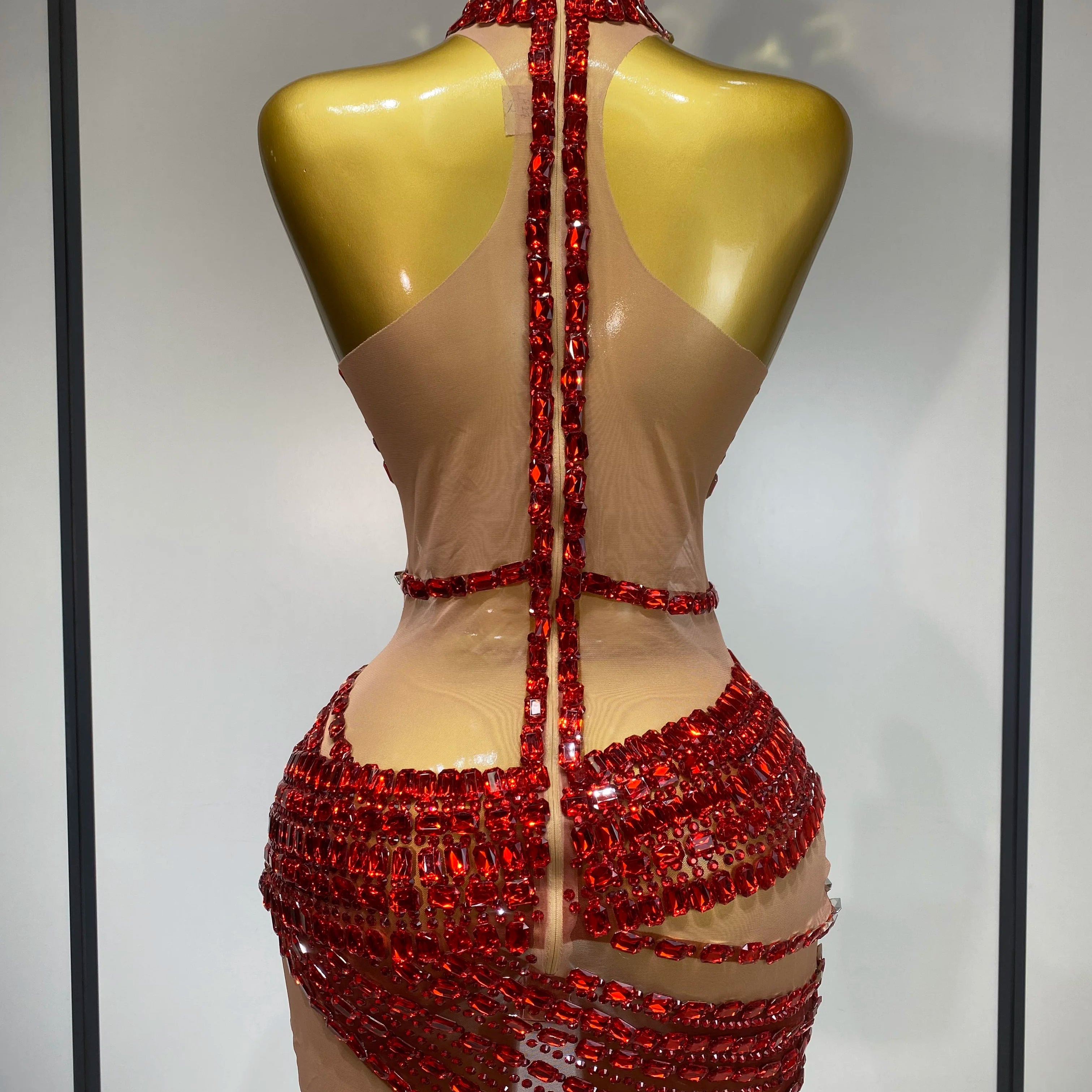 Sparkly Red Rhinestone Mini Dress Womer Sexy Mesh Birthday Wedding Party Prom Gowns Drag Queen Costume Singer Stage Outfit