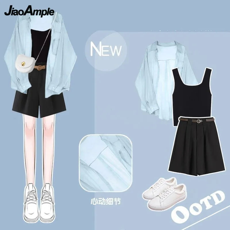 Women's Tracksuit Suit Summer Casual Sunscreen Shirt Top Vest Shorts Three Piece Korean Chic Blouse Pants Matching Set