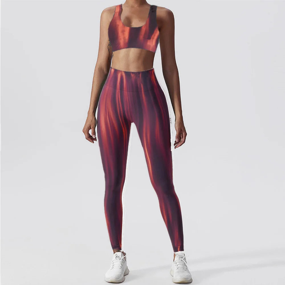 Fashion Aurora Print Seamless Gym Scrunch Shorts Set Push Up Women Sportswear Yoga Wear Training Suit for Fitness Sport Outfit Bra Leggings 2