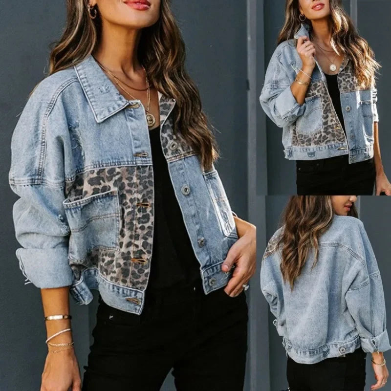 Denim Top Casual Coat jackets denim jacket women New Leopard Pattern Fashion Print Splice Perforated