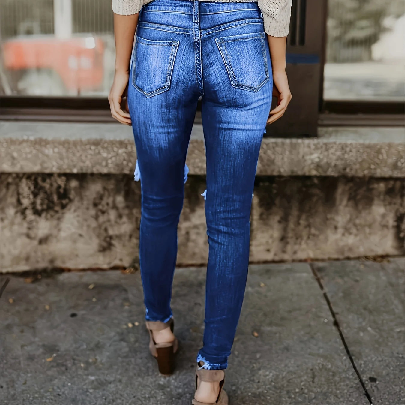 Blue Ripped Skinny Jeans, Distressed Slim Fit Slash Pockets Raw Hem Denim Pants, Women's Denim Jeans & Clothing