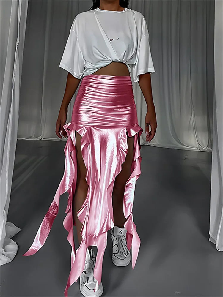 Tossy Tassel Summer Female Long Skirt Ruffled High Waist Broken High Split Fashion Pleated Sexy Solid Patchwork Maxi Skirt 2023 Rose Red