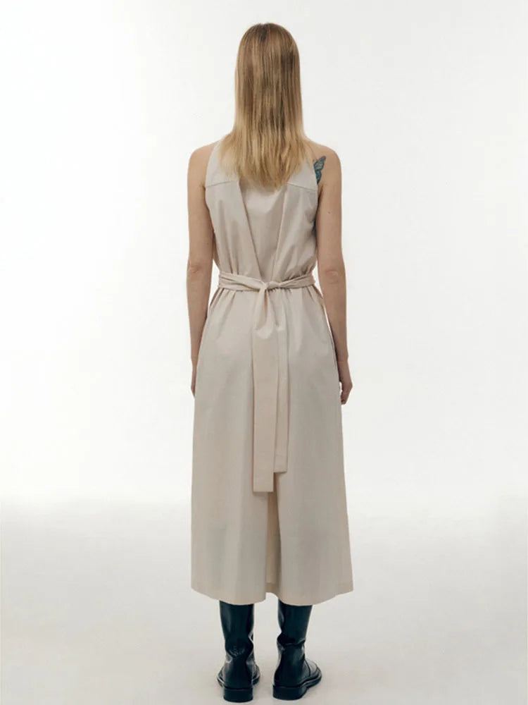 DEAT Fashion Women's Dress Round Collar Sleeveless Single Breasted Lace-up Solid Color Slim Dresses Spring New Tide 7AB3831