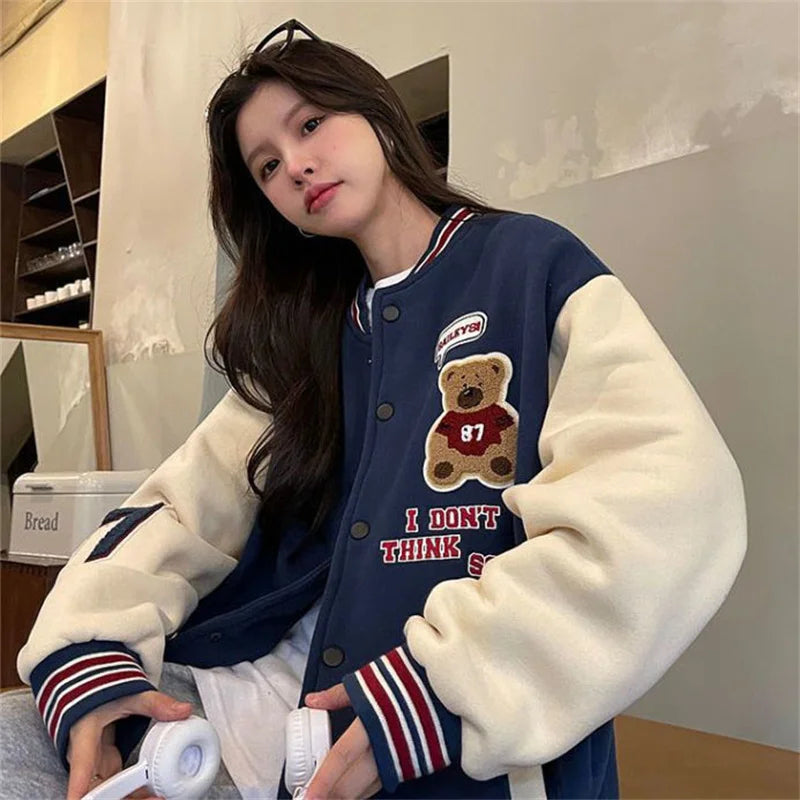 Vintage Bomber Jackets Women Cartoon Bear Baseball Coats Streetwear Female Fashion Hip Hop Casual Ladies Tops Autumn Winter