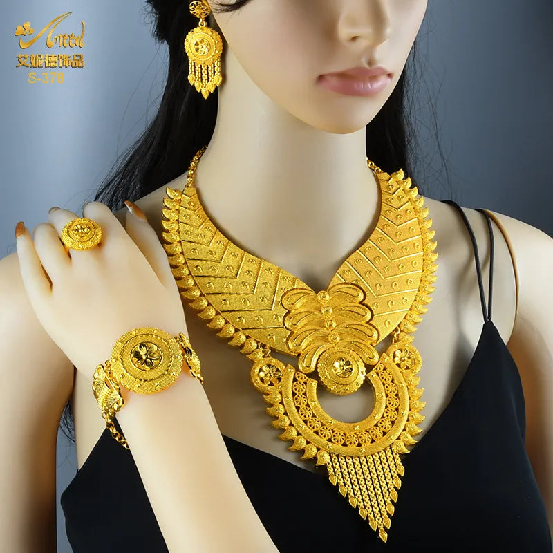 Indian Big Plated Gold Jewelry Women Necklace Sets Dubai African Party Bridal Wedding Gifts Arabic Necklace Jewelry Sets