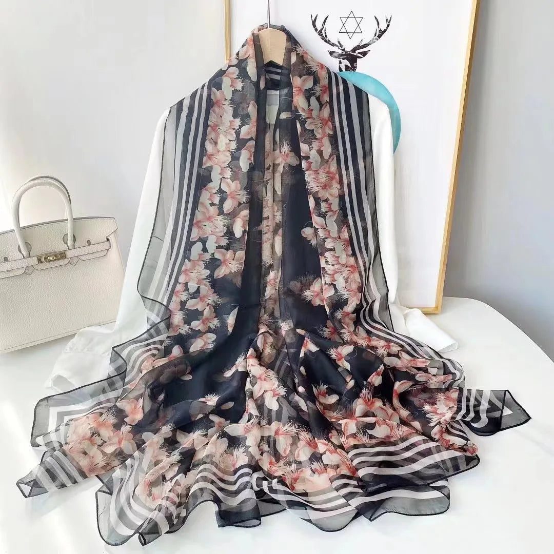 Print Silk Scarf Hijab Women Spring Deisgn Soft Beach Stoles Elegant Head Scarves Echarpe Shawl Satin Large Wrap Echarpe Bandana see chart 17