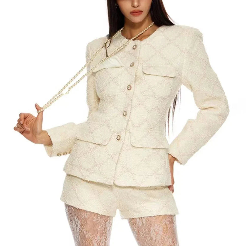 Solid Temperament Two Piece Sets For Women O Neck Long Sleeve Coat High Waist Shorts Elegant Set Female Fashion New