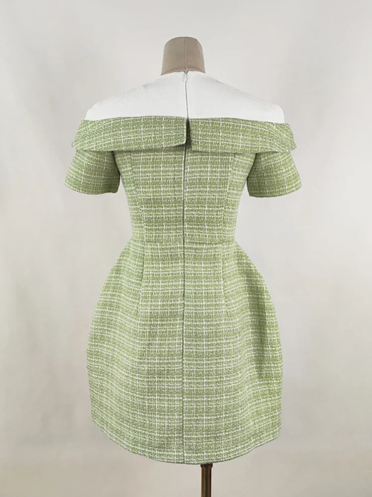 DEAT Women's Patchwork Tweed Dress Fashion Contrast Color Single Breasted High Waist Elegant Dresses Female New 13DB3854