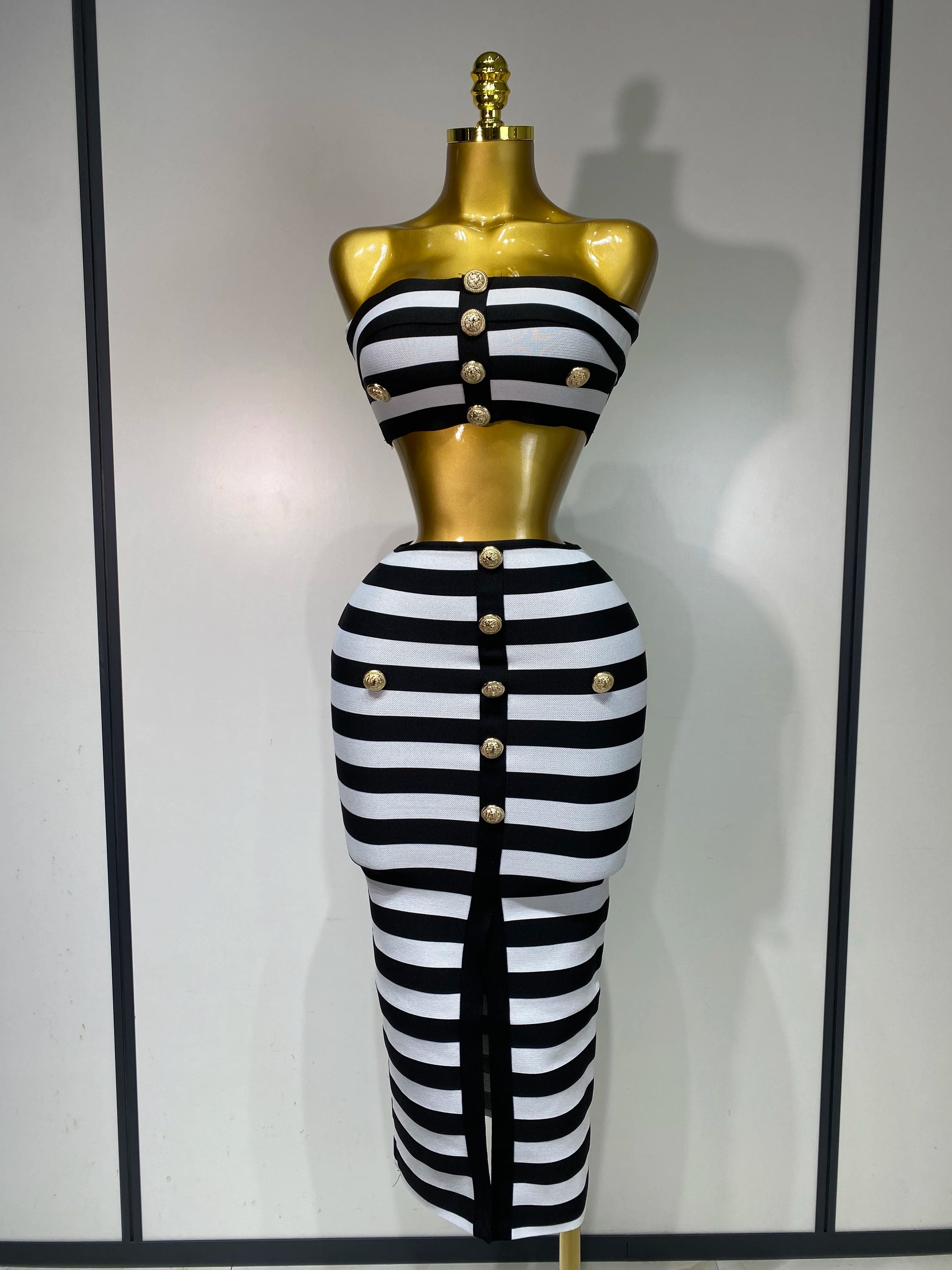 Women Sexy Off Shoulder Striped Button Two Piece Mini Bandage Set 2025 Celebrity Designer Evening Party Luxury Birthday Outfit