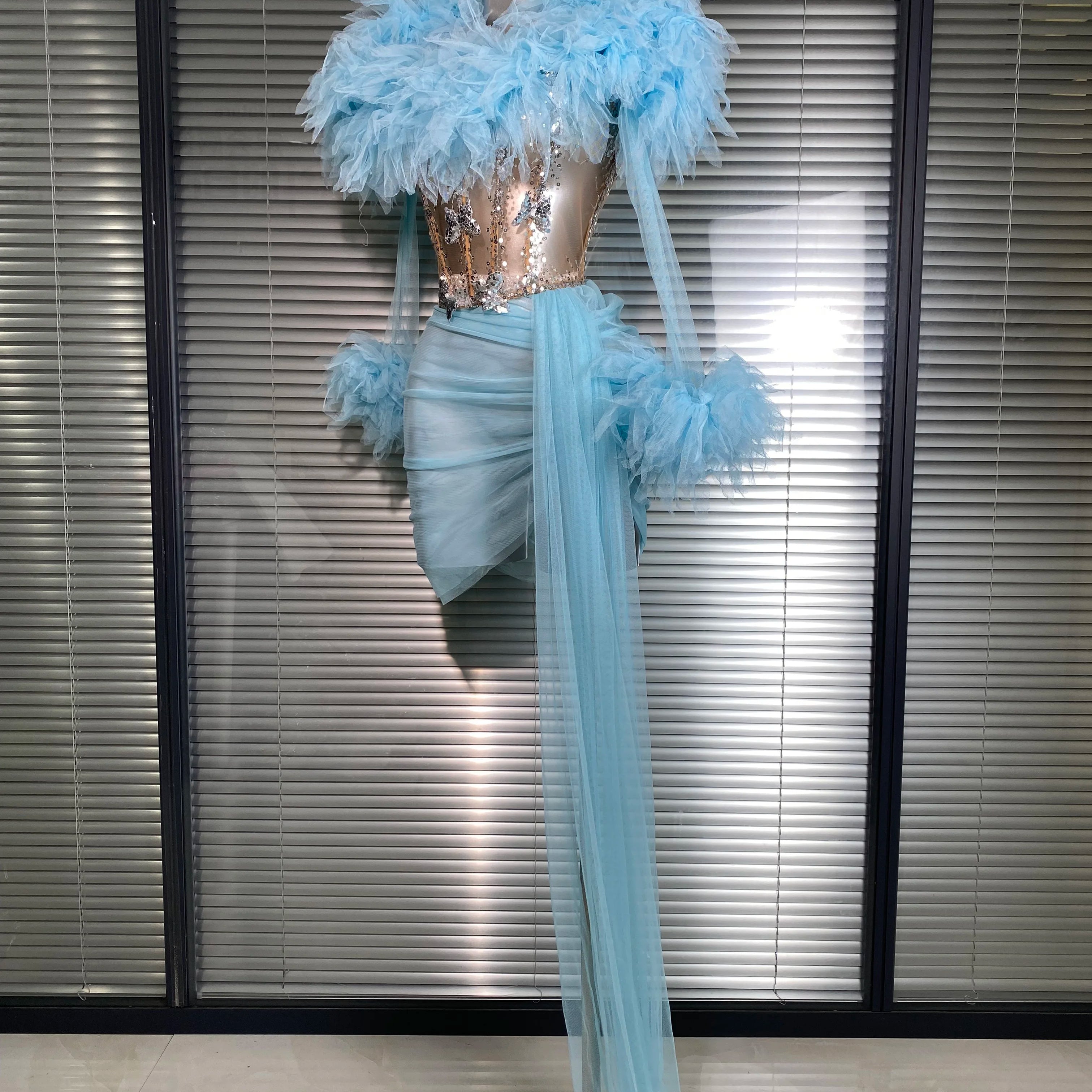 Summer New 2025 Sexy Two Pieces Set Women Celebrity Sky Blue Mesh Night Club Sheer Skirt Suits Stage Performance Costume