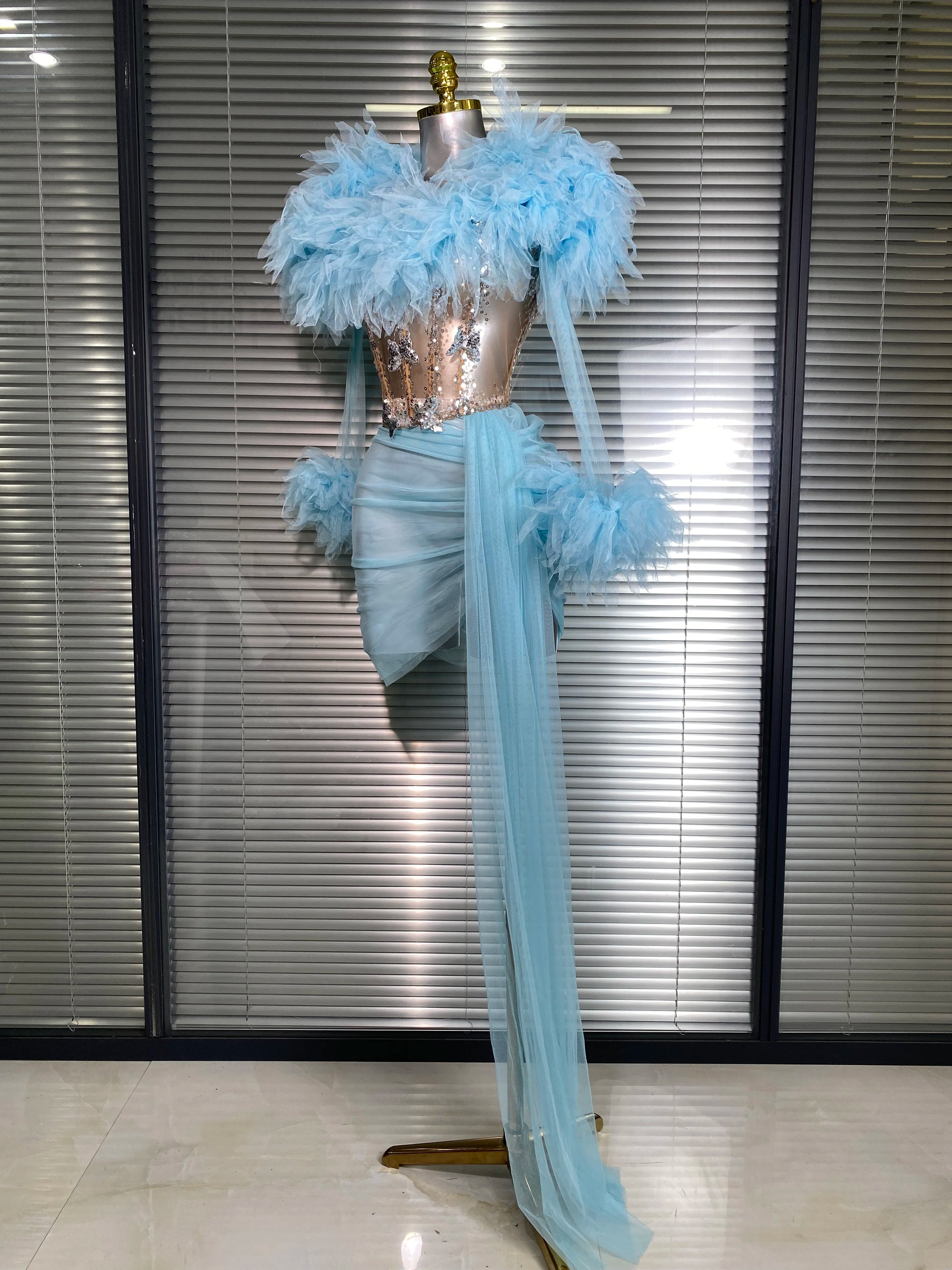 Summer New 2025 Sexy Two Pieces Set Women Celebrity Sky Blue Mesh Night Club Sheer Skirt Suits Stage Performance Costume