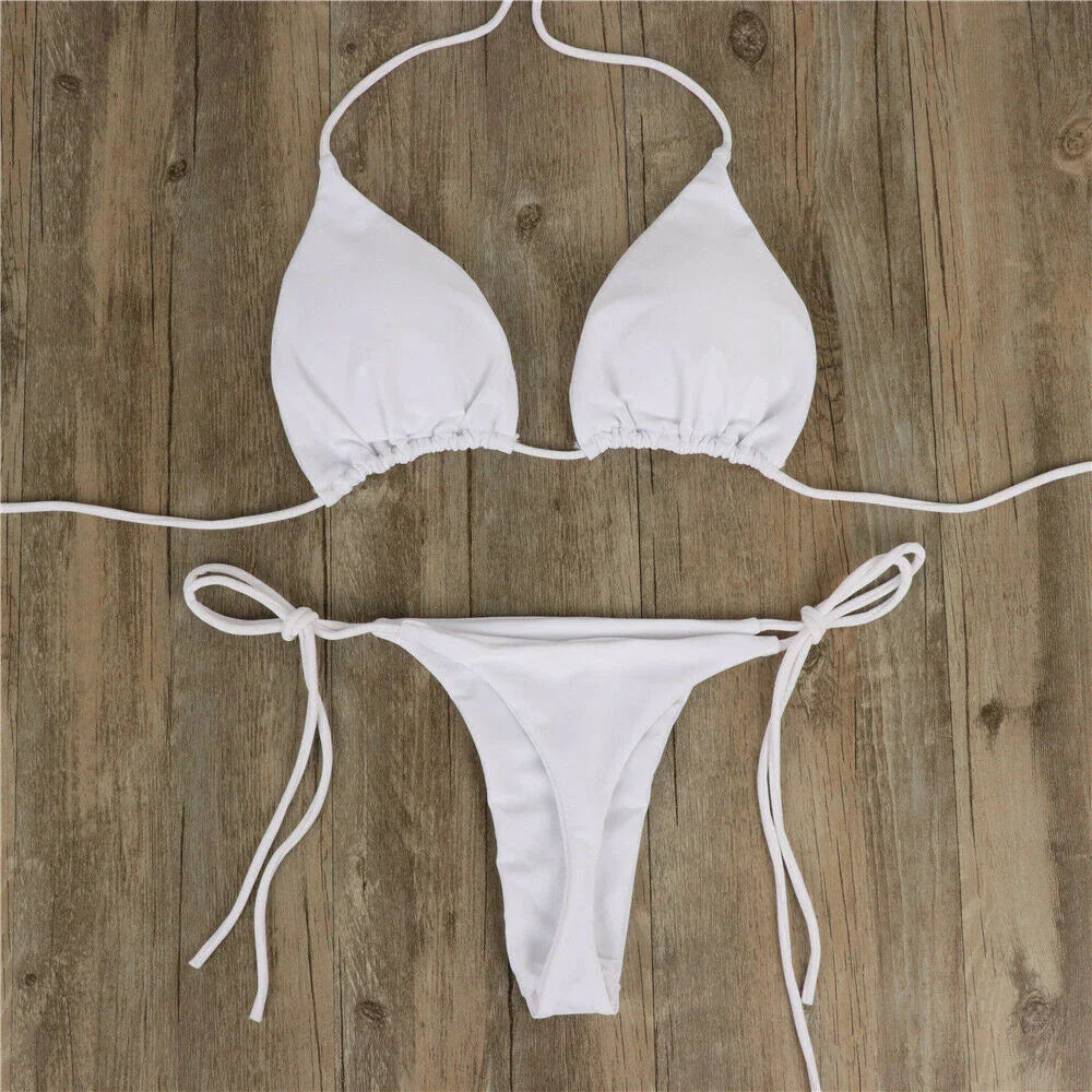 Women Bikini Set Sexy Side Tie Thong Swimsuit Bandage Style Brazilian Swimwear Ultrathin Bra & Brief Sets Erotic Lingerie Set White