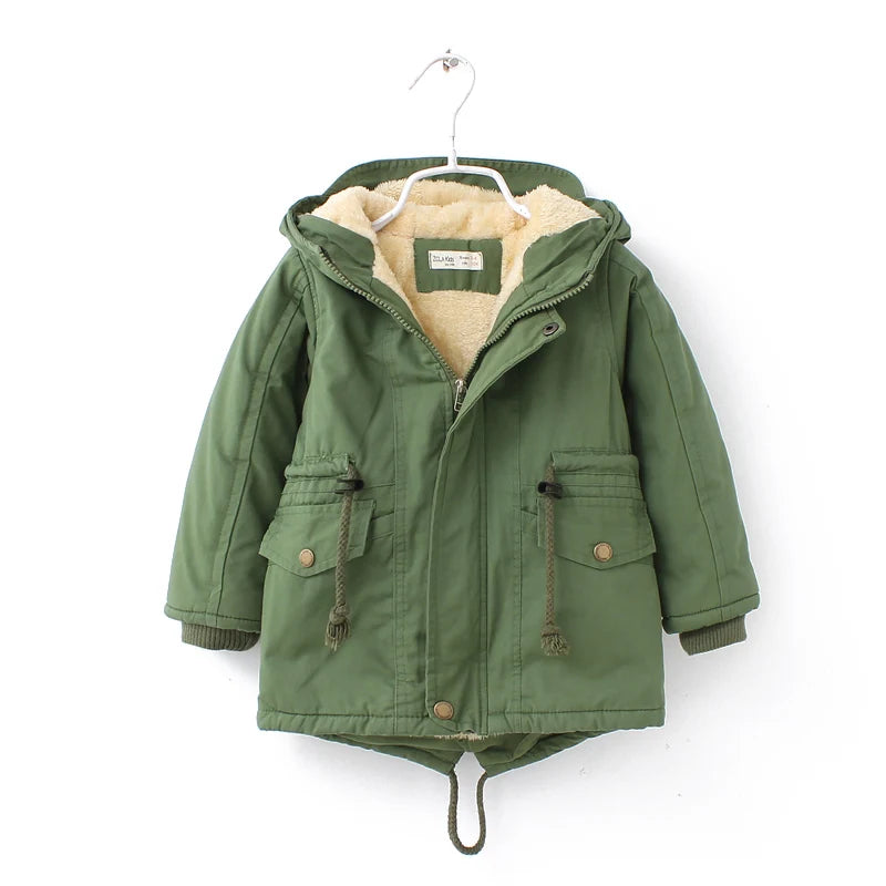 Boys Coats Autumn Winter Fashion Hooded Fur Children's Plus Velvet Warming Cotton Outerwear For Kids Jacket 5-14 Years Green 01