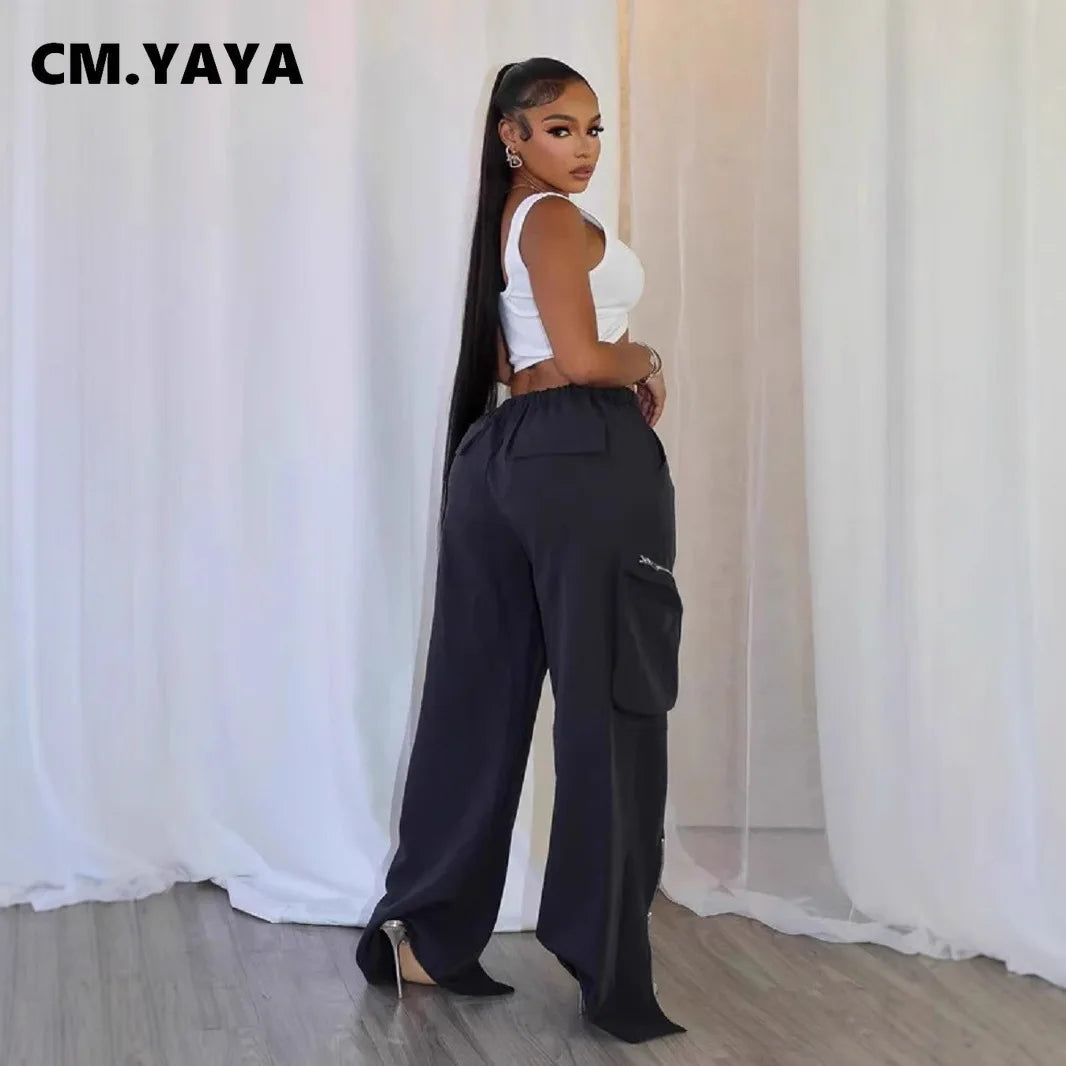 CM.YAYA Women Fashion Zipper Pocket Side Zip Fly Split Hem Wide Leg Safari Style Pants 2025 Drawstring Summer Cargo Trousers