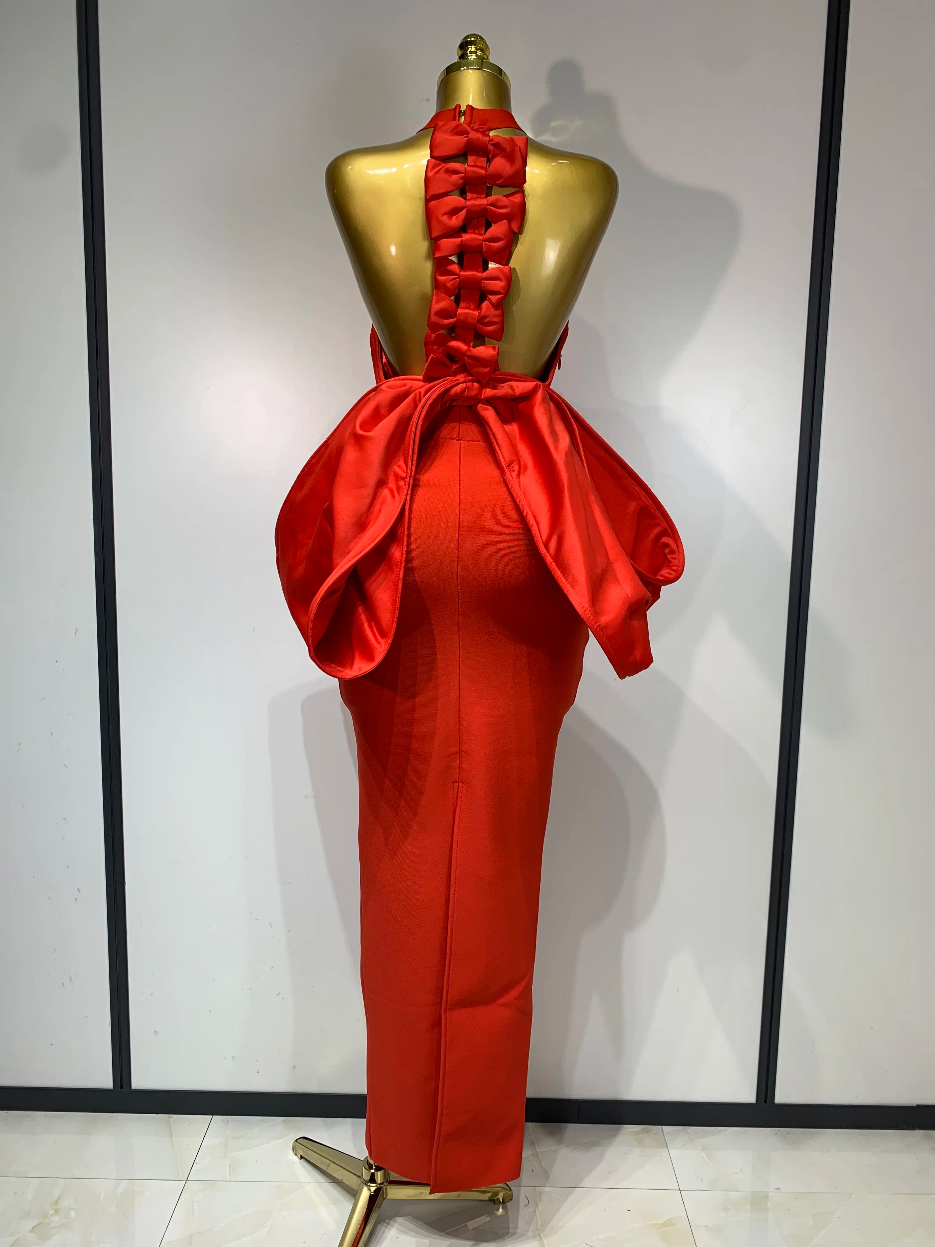 Women Sexy Backless Bow Sleeveless Bodycon Bandage Maxi Dress Red Celebrity Evening Party Cocktail Luxury Birthday Party Dresses