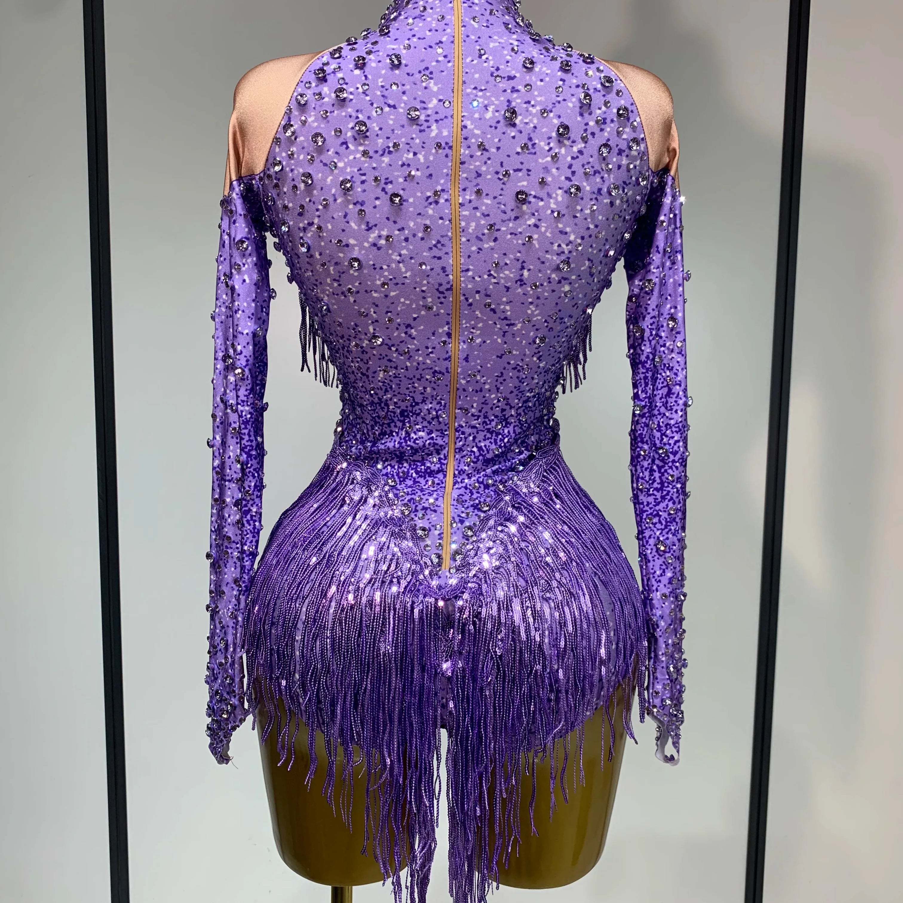 Women Sexy Purple Red Stretchy Long Sleeve Bodysuit Nightclub Singer Dancer Tassel Stage Costume Evening Party Birthday Outfit