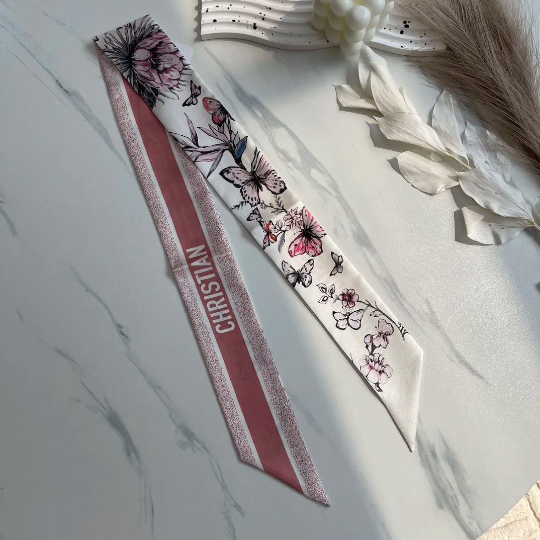 Brand CD Butterfly Around the World Women's Ribbon Scarf Twill Silk Mulberry Silk Long Small Silk Scarf Neckerchief Bags Tie BHD pink