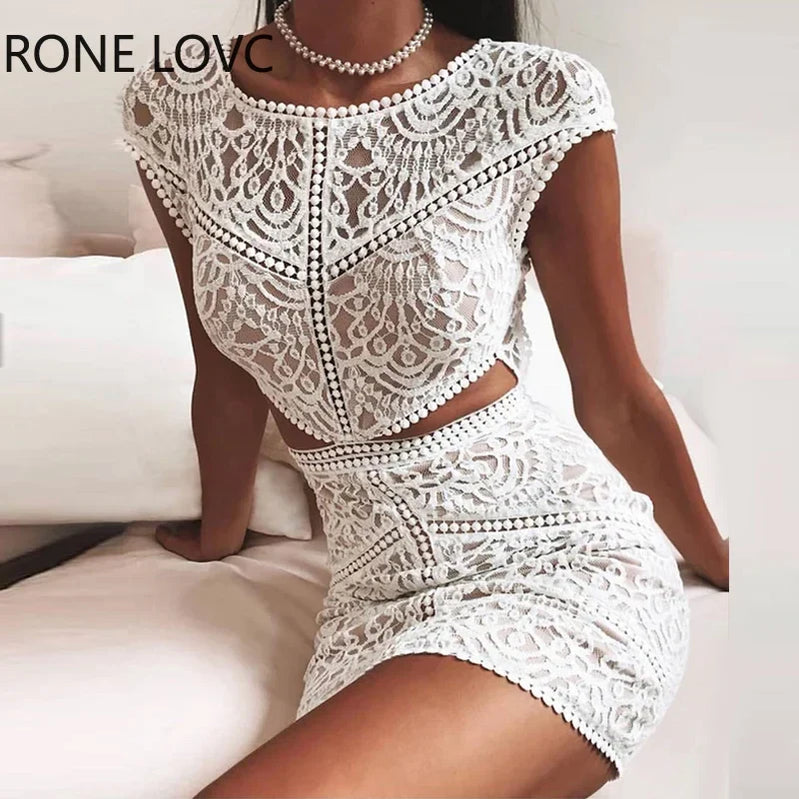 Women Solid Crochet Lace Mesh Mini Dress Elegant Fashion Chic Dress Bodycon Dress