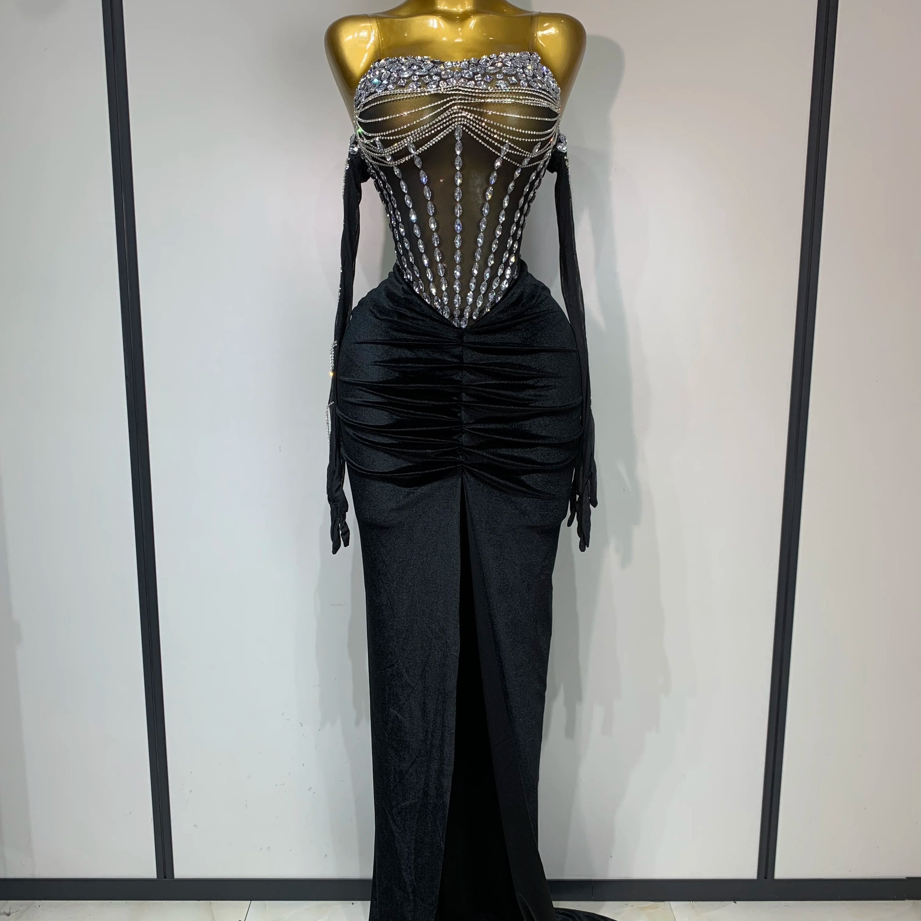 Women Sexy Strapless Rhinestone bodysuit Skirt Three Piece Set Celebrity Elegant Evening Party Birthday Dresses Stage Costume