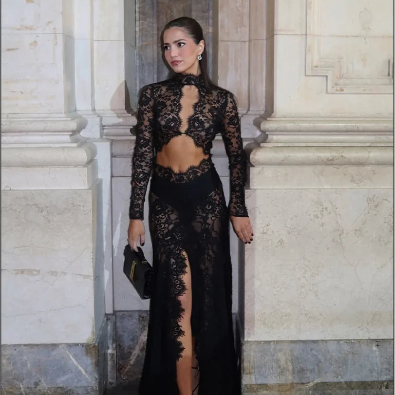 High Quality Women Long Sleeve Sexy Lace Fashion Keyhole Bodycon Long Maxi Dress Celebrate Nightclub Party Birthday Outfit