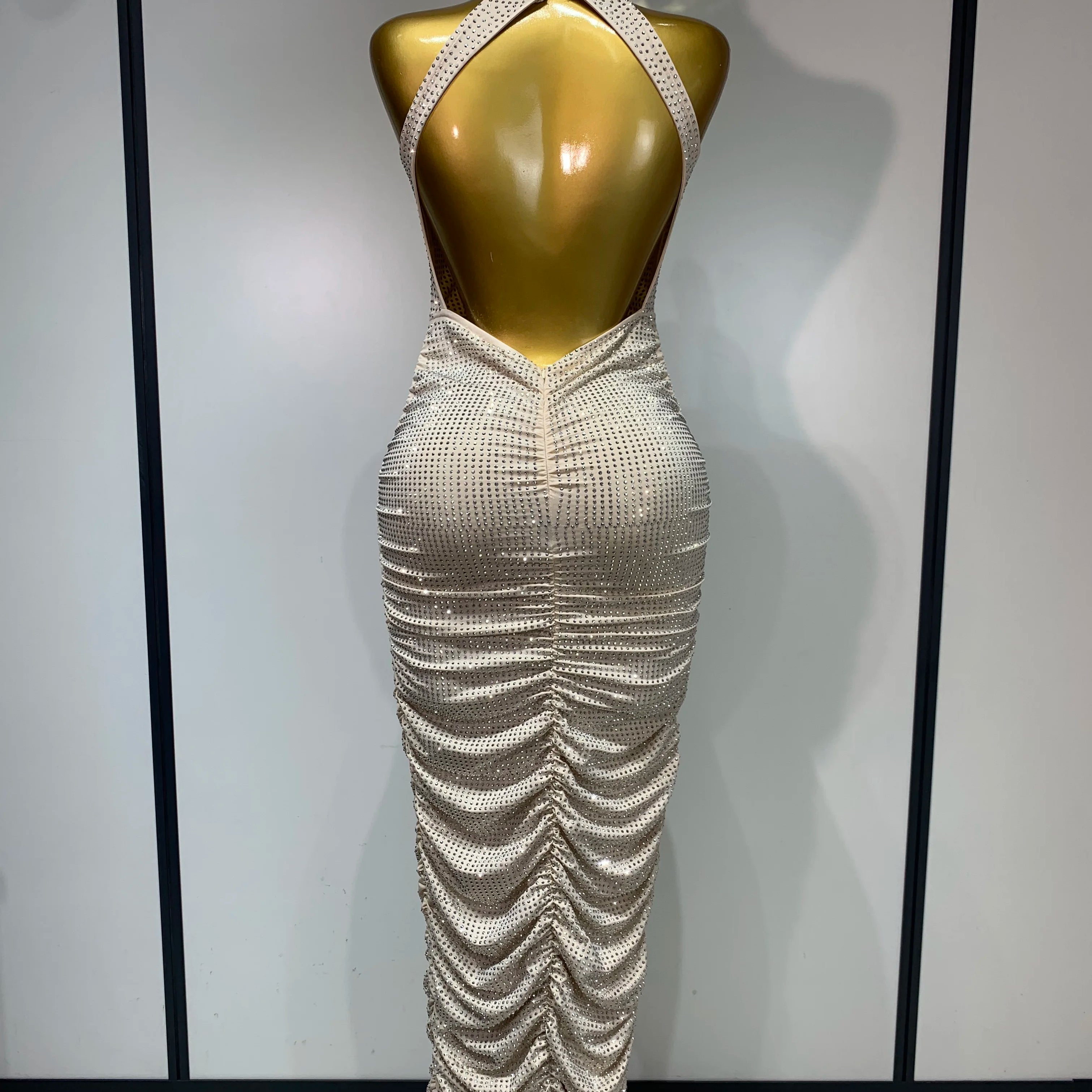 Women Sexy Backless Sleeveless Sparkly Diamonds Dress Slim Formal Elegant Celebrity Cocktail Party Luxury Birthday Gown Vestido