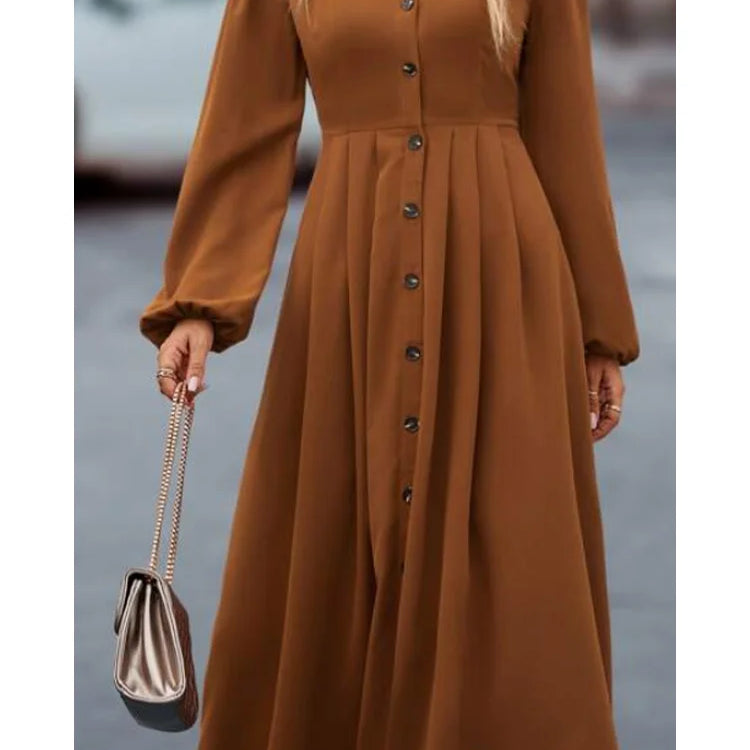 Plus Size High Street Style Women's A-line Long Dress V-neck Button Decoration Elegant Commuter Women's Dress Autumn and Winter