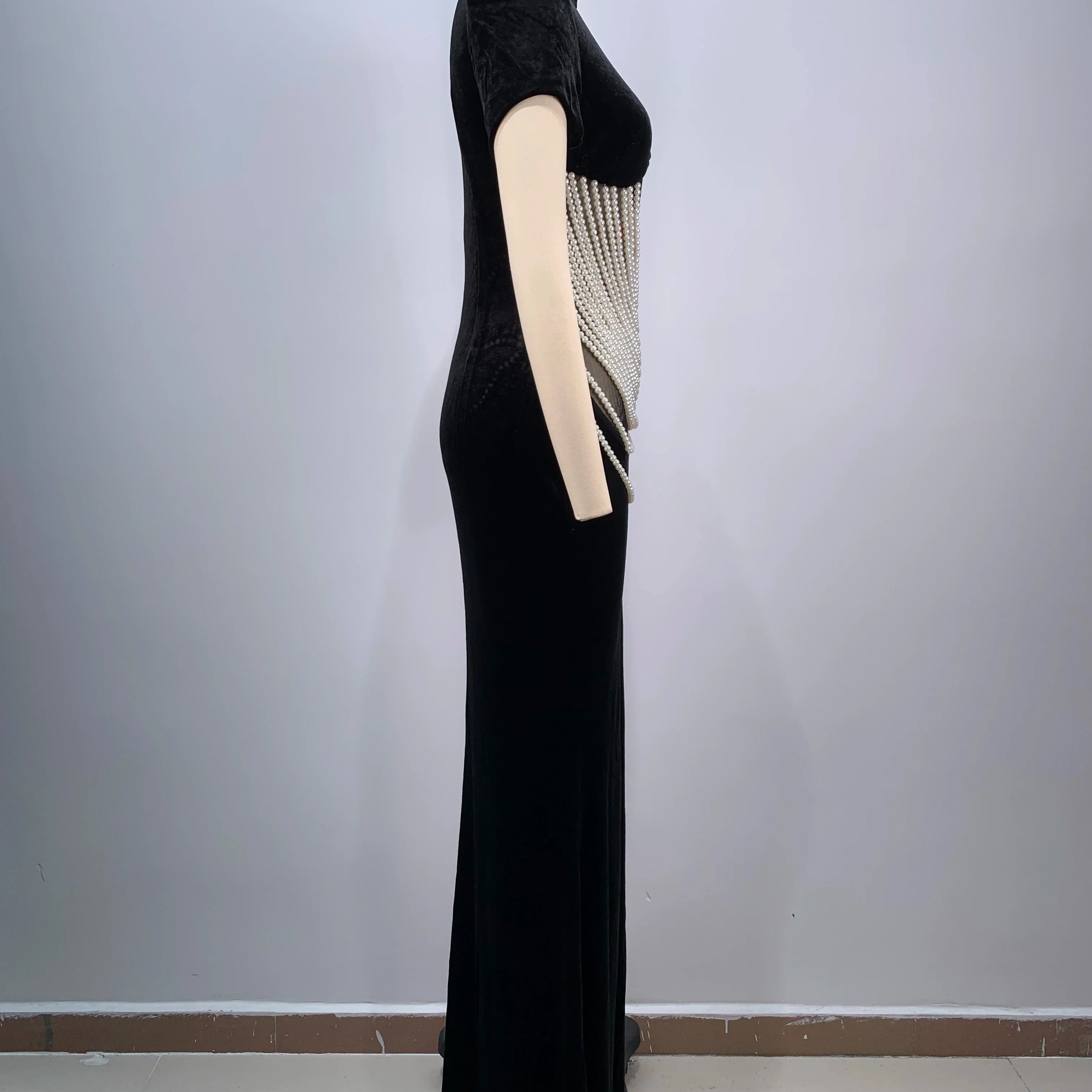 Celebrity Red Carpet Dress Women Sexy Short Sleeve Pearl Beading Bodycon Long Dress Evening Party Prom Outfit Vestido