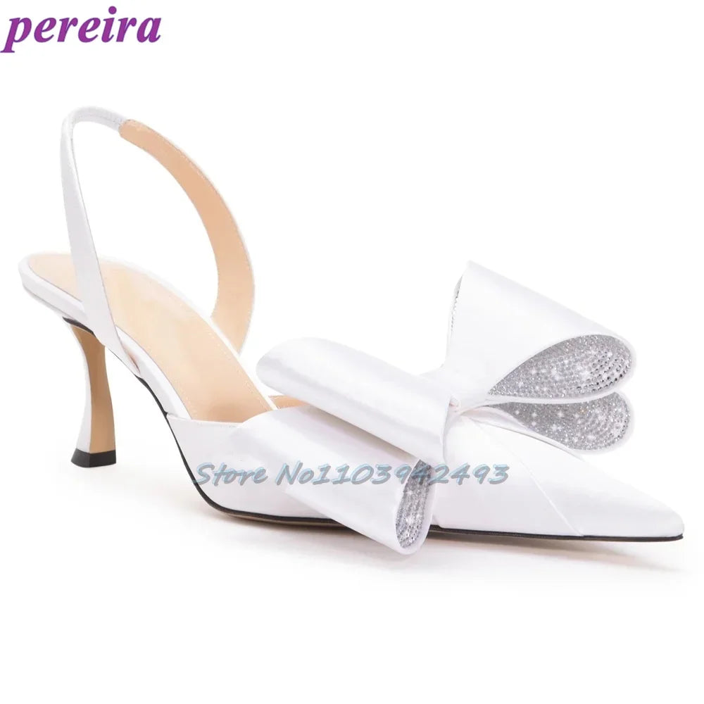 Butterfly-Knot Satin Rhinestones Sandals Pointed Toe High Heels Kitten Heel Women Luxury Designer Mules Solid Back Strap Shoes