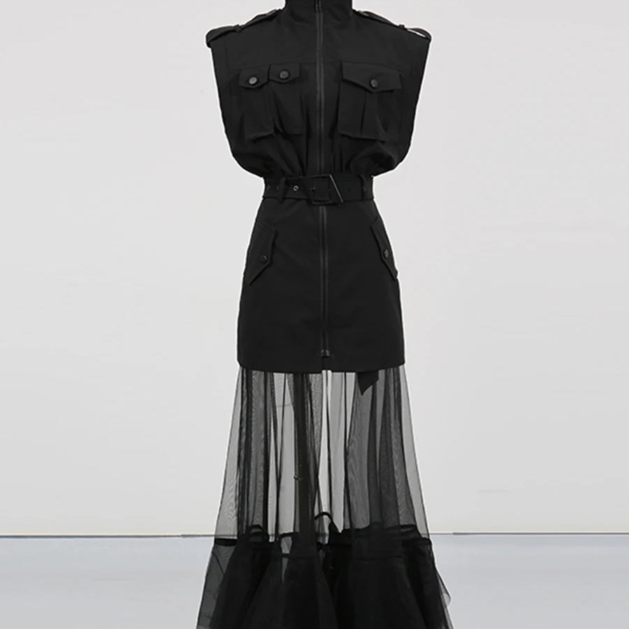 TWOTWINSTYLE Solid Sheer Spliced Mesh Folds Dress for Women Round Neck Sleeveless Patchwork Zipper elegant Dress Female Fashion