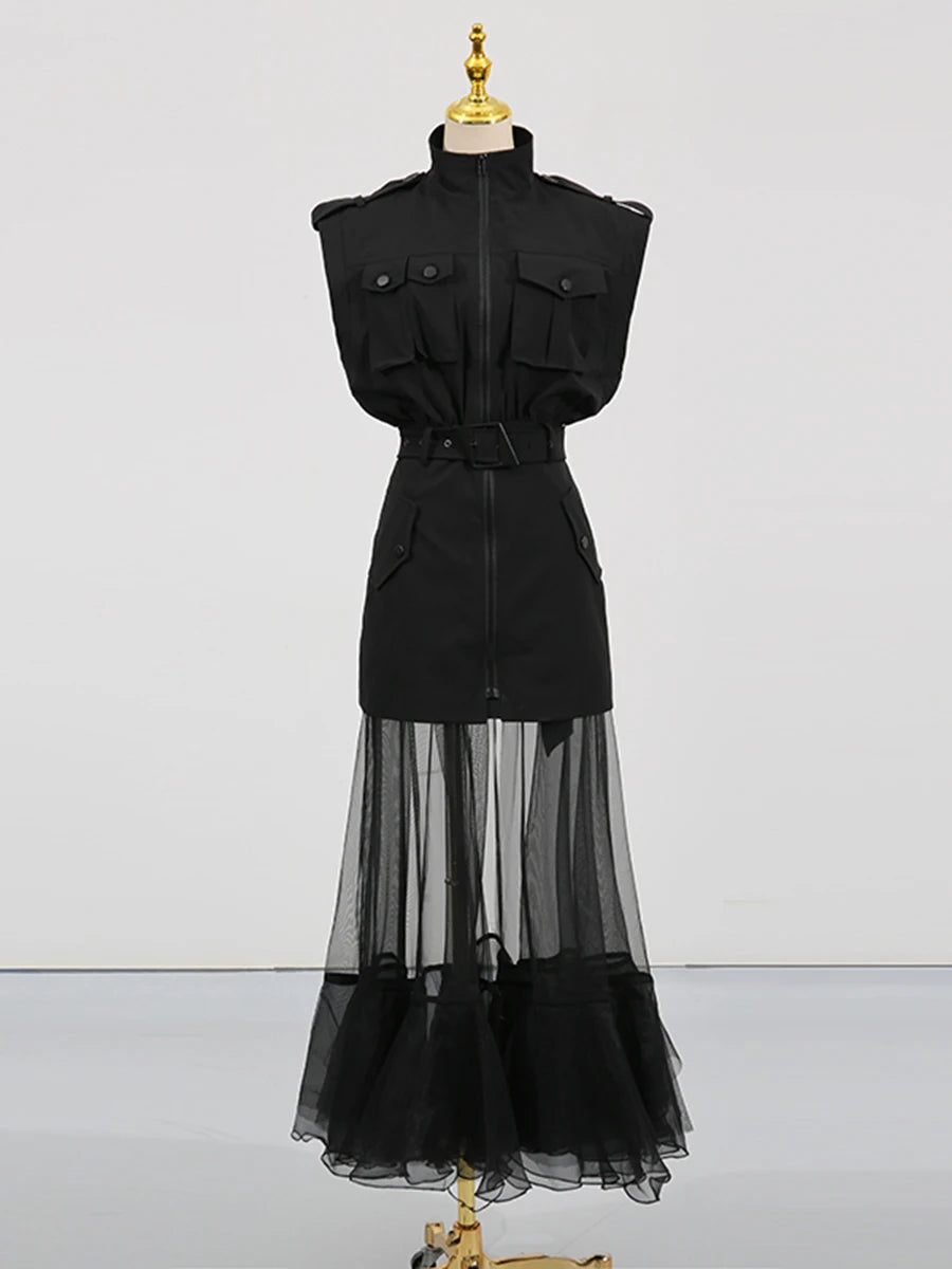 TWOTWINSTYLE Solid Sheer Spliced Mesh Folds Dress for Women Round Neck Sleeveless Patchwork Zipper elegant Dress Female Fashion