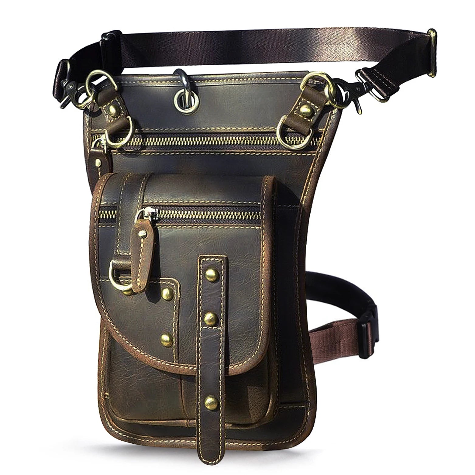 Original Leather Multifunction Men Travel Shoulder Crossbody Messenger Bag Hook Belt Waist Pack Drop Leg Phone Case Bag Dark Brown