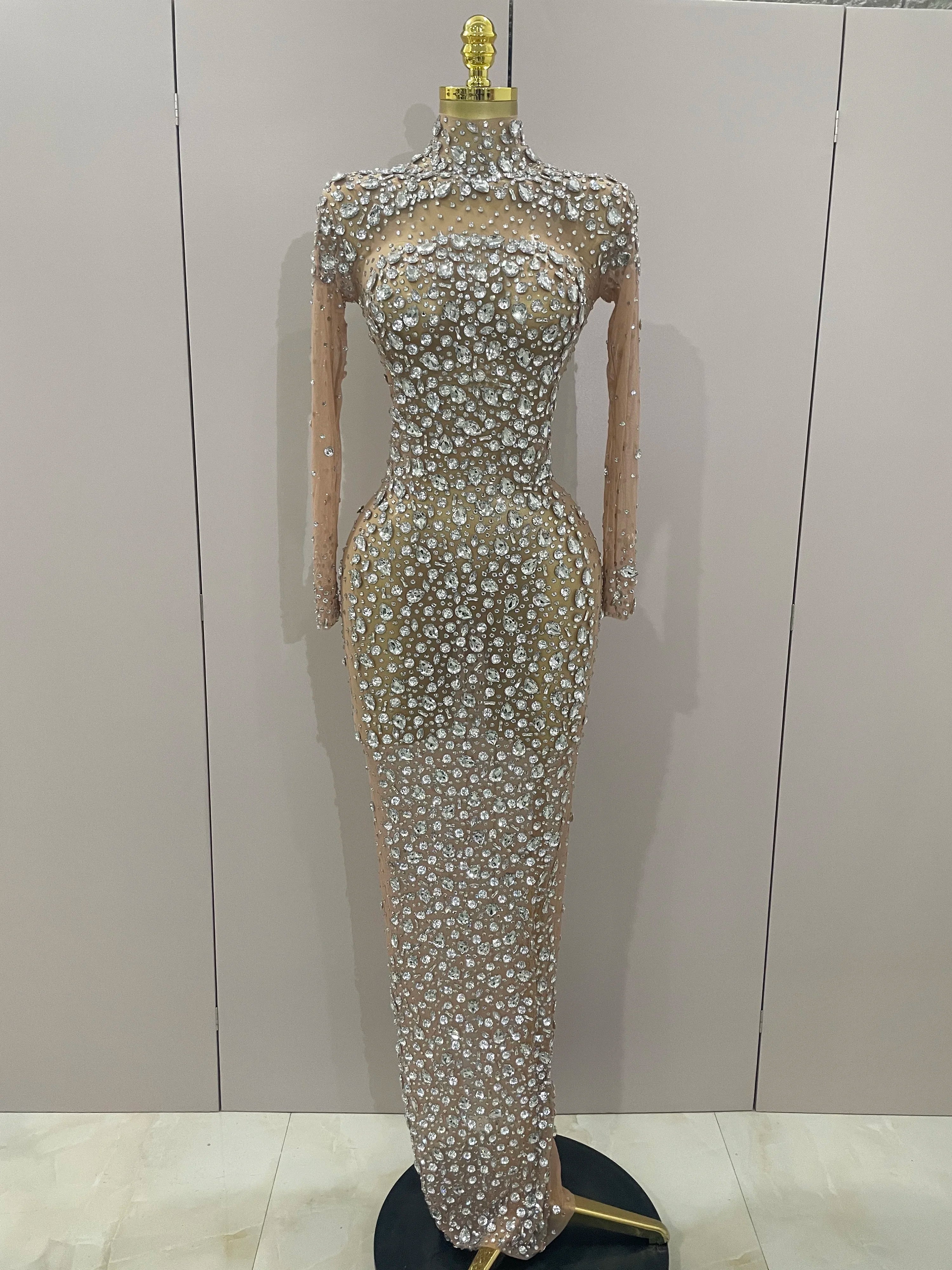 Sparkly Silver Big Rhinestone Sexy Transparent Long Dress 2025 Women Evening Birthday Party Celebrate Club Dancer Stage Costume