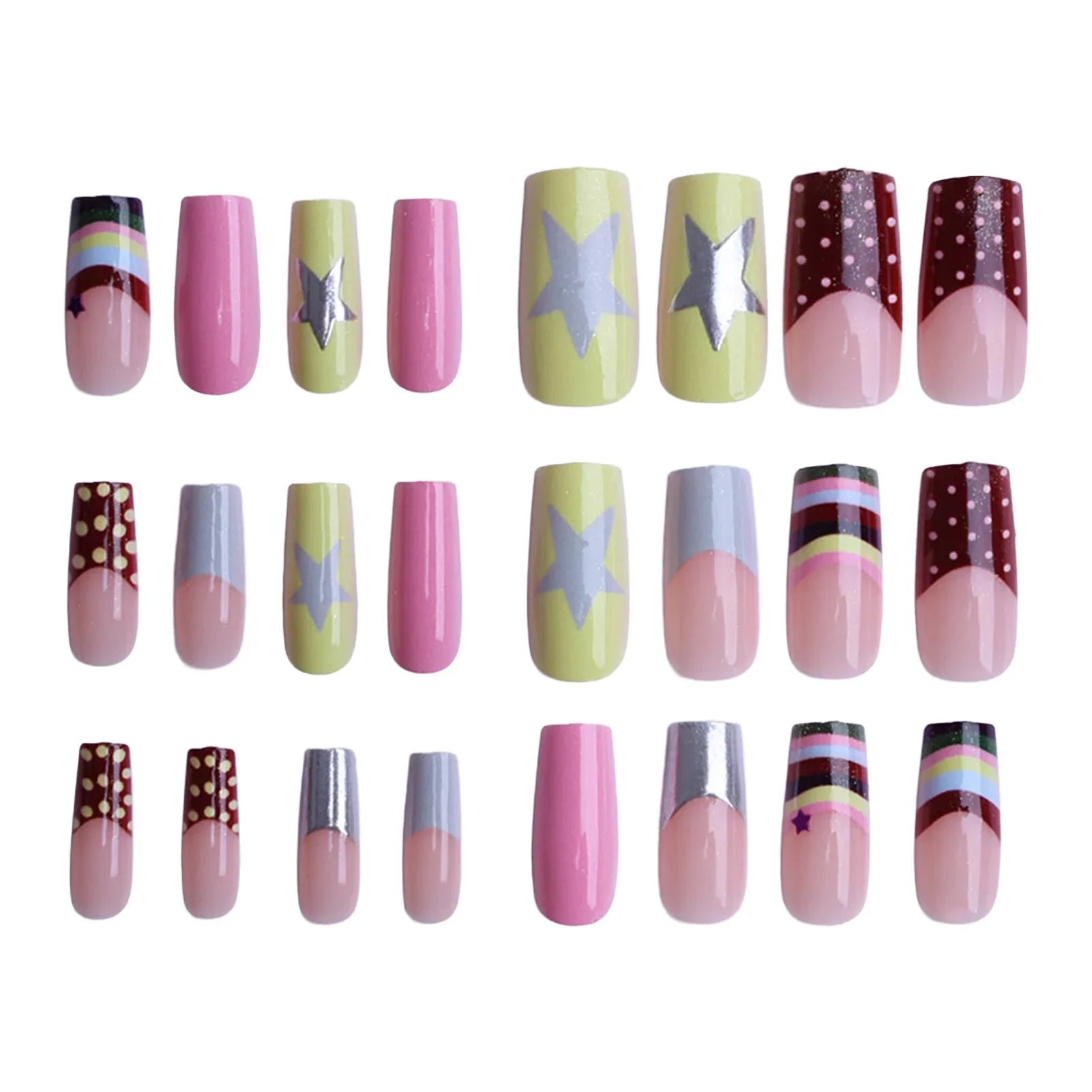 Colorful French Fake Nails 24Pcs Y2K Girls Charm Manicure Medium-length Square Press On Nails Star/Dot Printed Artificial Nails