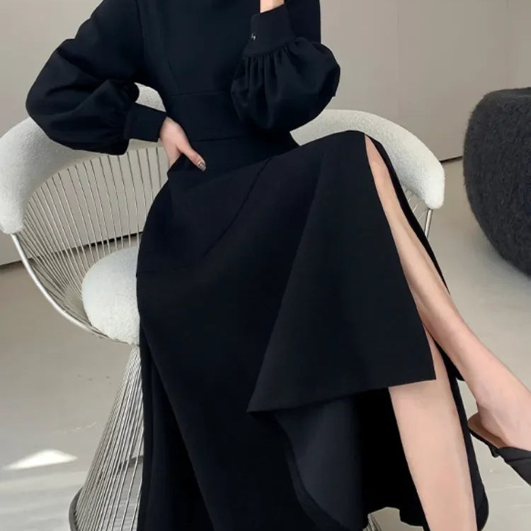 Spring Elegant Women Fashion New Casual Black Dress Vintage A-Line Solid Party Birthday Robe Female Chic Clothes Mujers