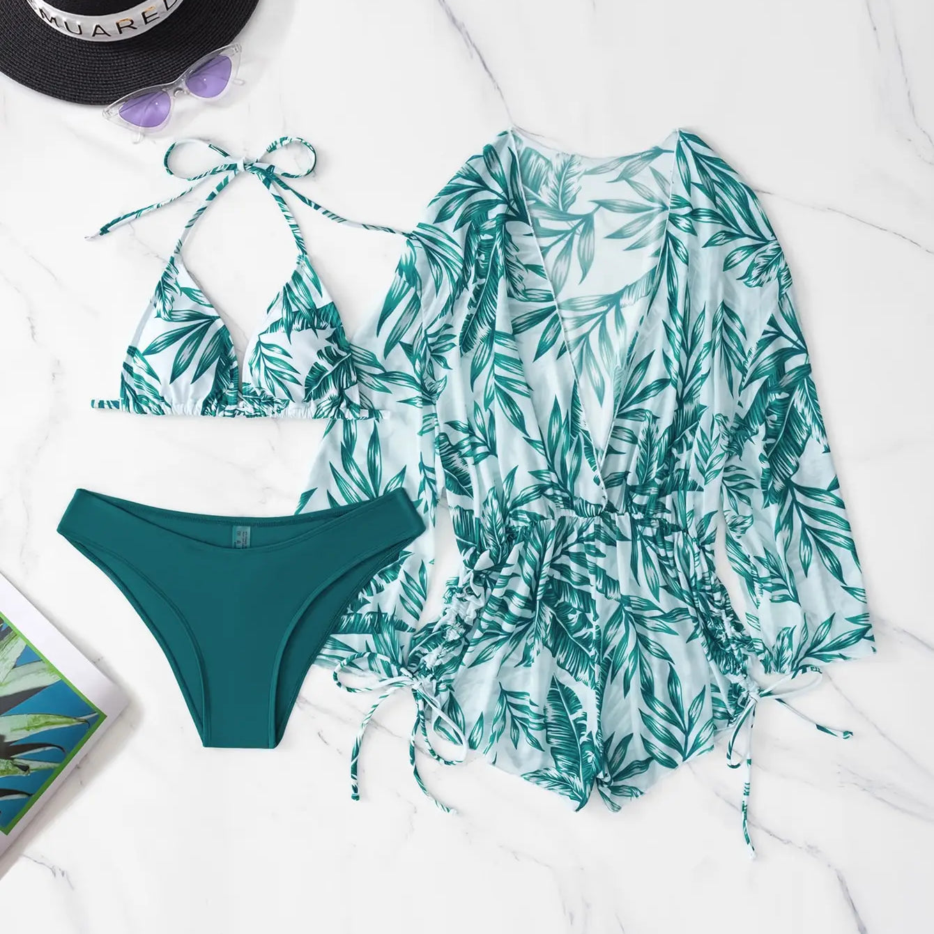 3 Pieces Bikini Tropical Print Swimsuit Halter Drawstring Side Swimwear Women 2023 Bathing Suit Female Swimming Summer Beachwear Green