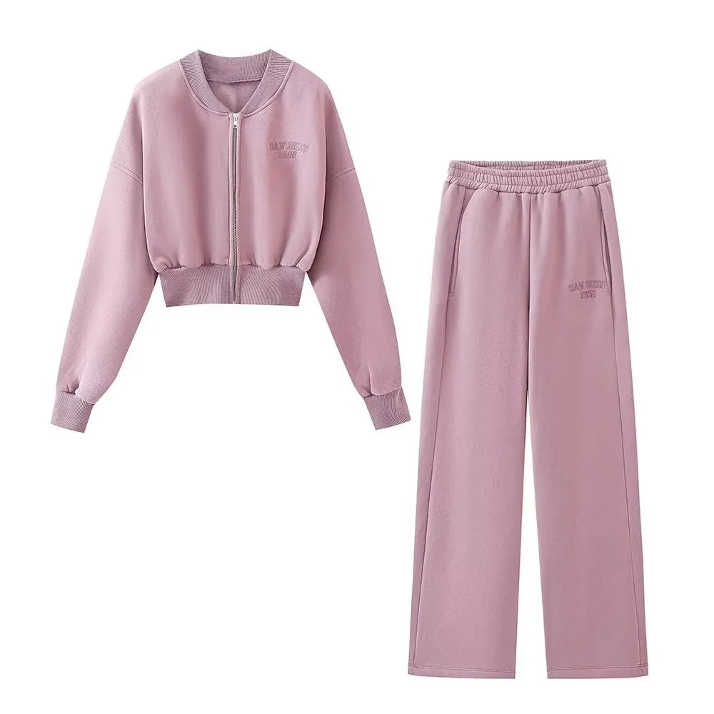 Autumn/Winter Women's Fashion Casual Embroidery Zipper Loose Sweater Wide Leg Pants Set Pink