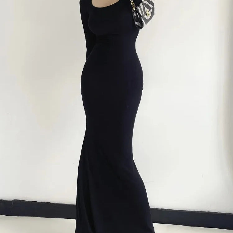 Sexy Square Collar Knitted Cotton Maxi Long Mermaid Dress Women Full Sleeve Stretch Basic Bodycon Fishtail Robe Vestido