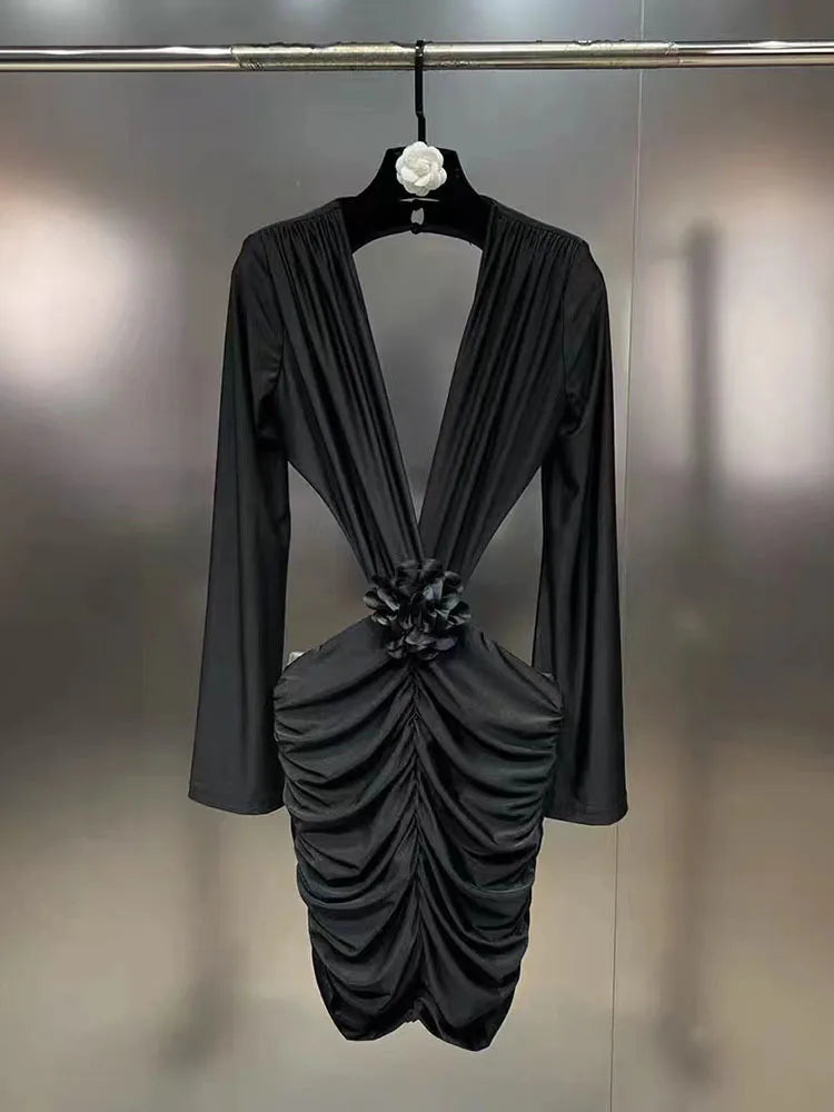 DEAT New Items Trendy Women's Wrinkled 3D Flower Chest Pad Dress Spring Fashion Long Sleeves V-neck Dresses Female 11XX8774 Black