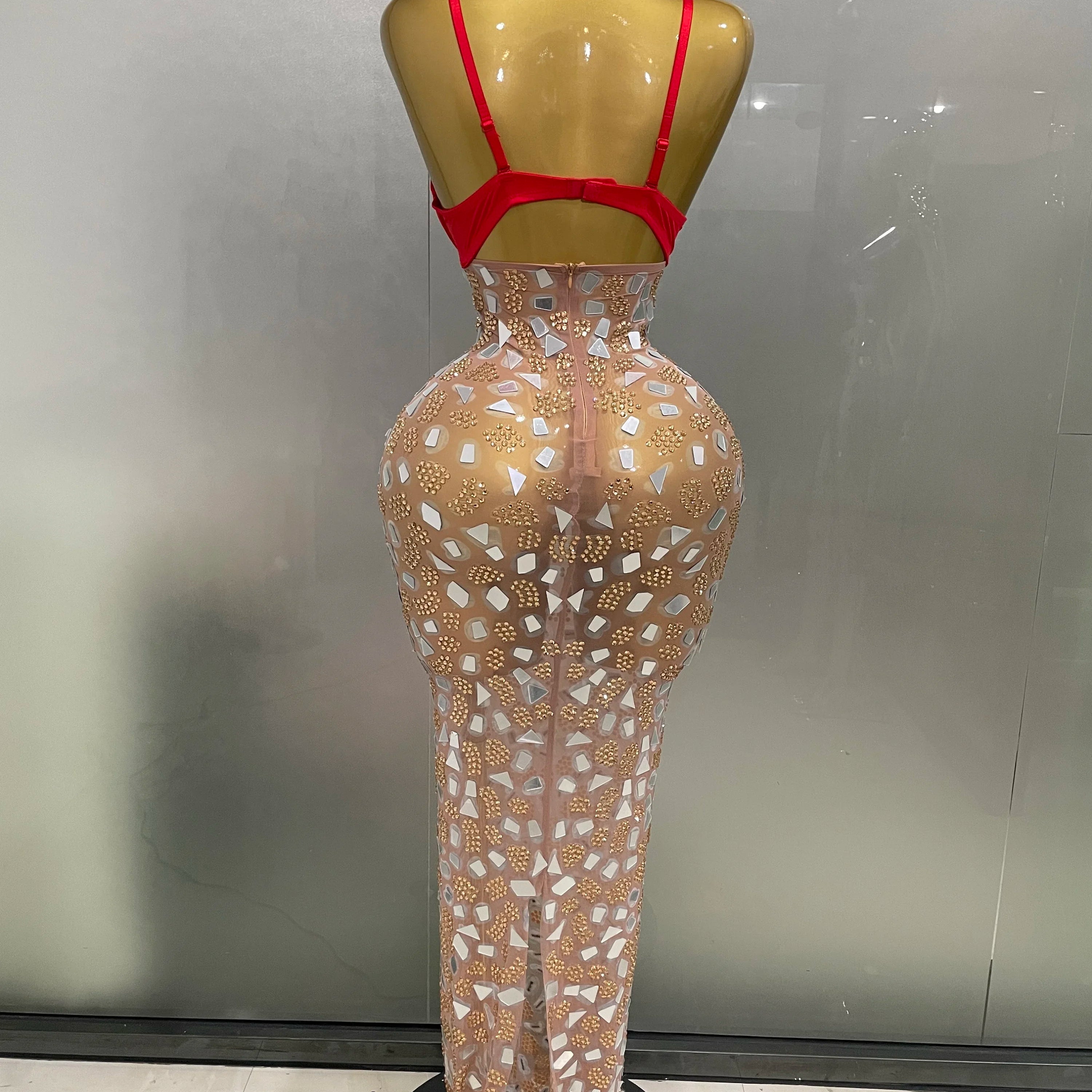 Sexy Sparkly Rhinestones Mesh Mirrors Red Roses Long Dress  2025 New Women Elegant Evening Party Club Stage performance Costume