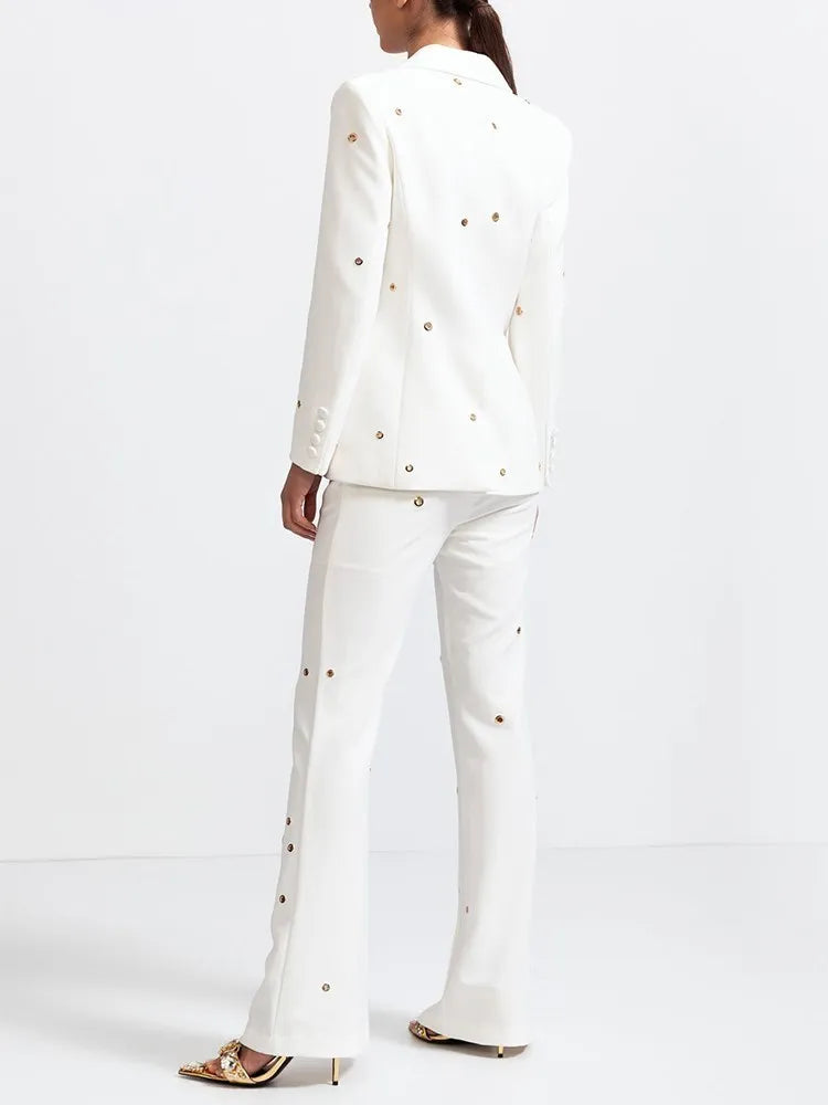 TWOTWINSTYLE Casual Hollow Out Two Piece Sets For Women Notched Collar Long Sleeve Blazer High Waist Pant Loose Set Female Style