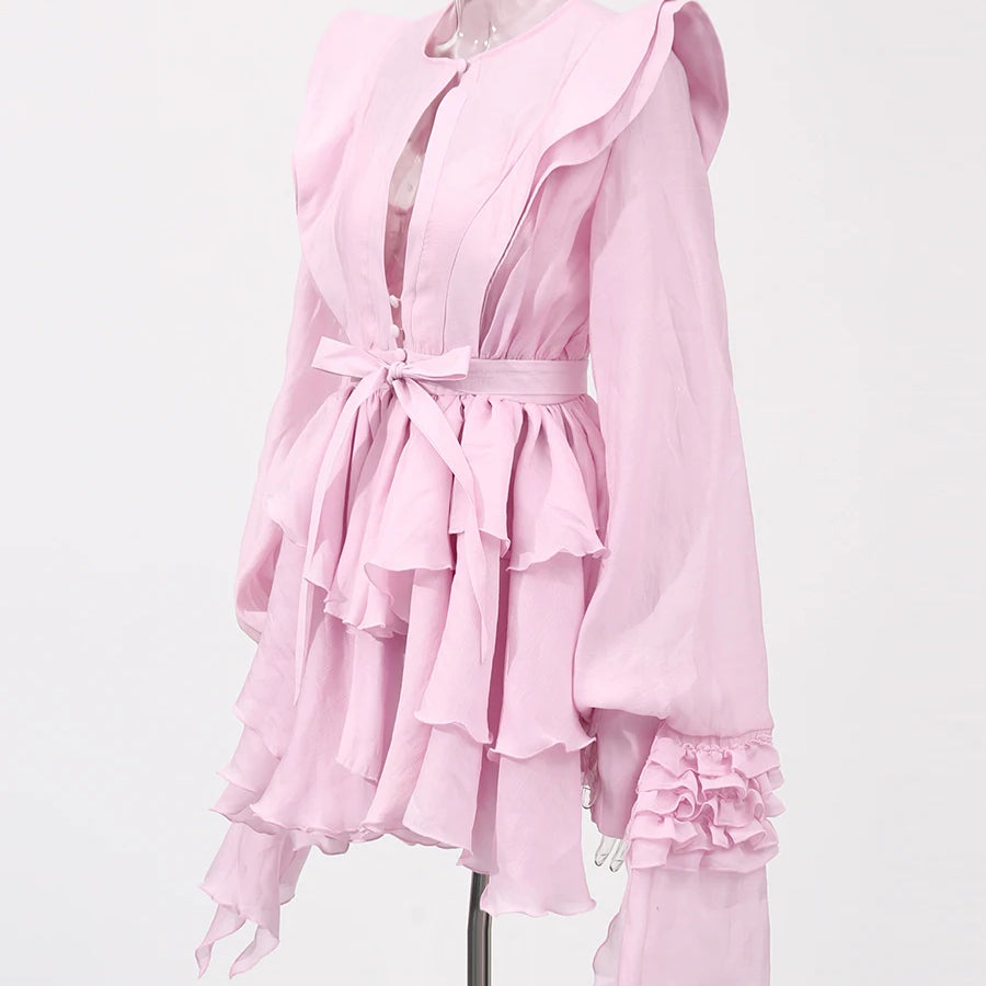 TWOTWINSTYLE Slimming Spliced Ruffles Folds Dresses for Women Round Neck Long Sleeves Patchwork Button Dress Female Fashion New