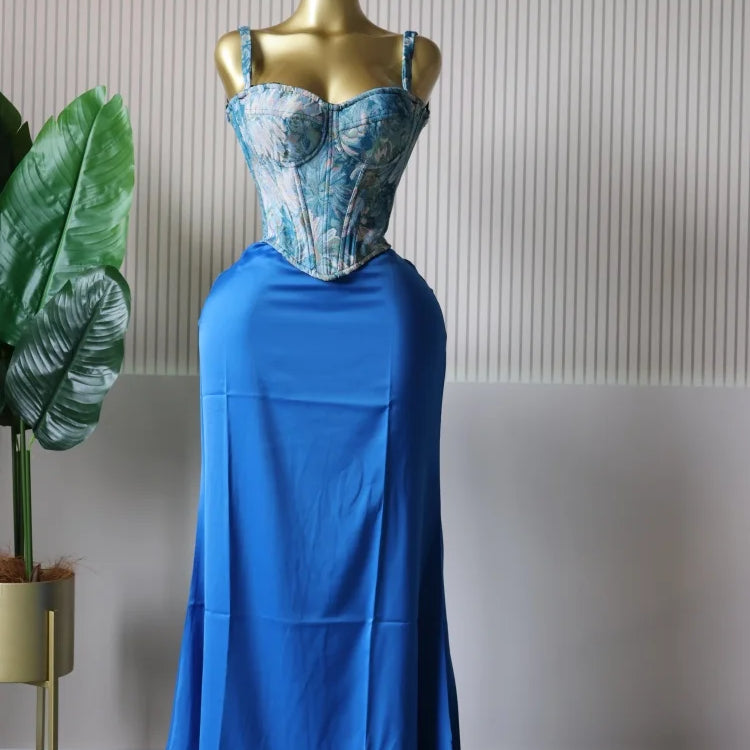 CM.YAYA Women's Dress Set Print Bow Corset Top and Maxi Long Skirt Suit 2025 Summer Elegant Evening Two 2 Piece Set Outfits