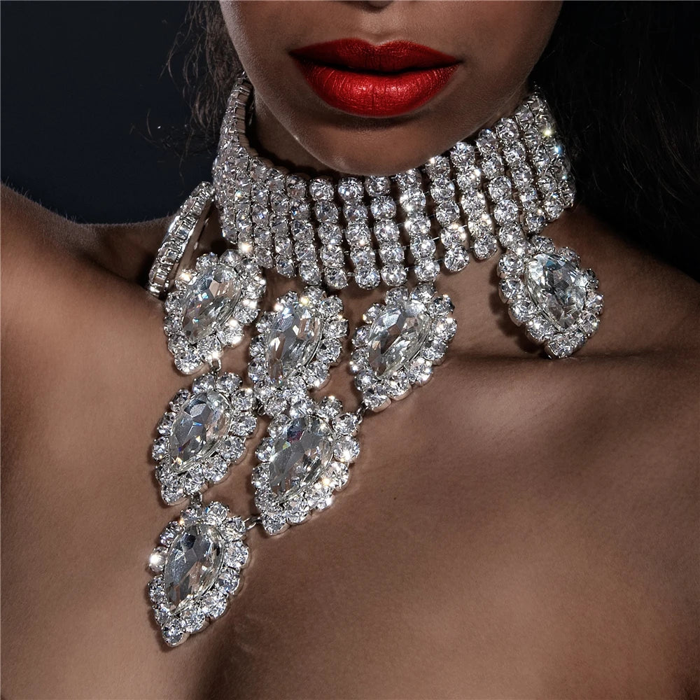 Luxury Noble Crystal Water Drops Bridal Jewelry Sets Rhinestone Necklace Earrings Set for Bride African Jewelry Accessories 08