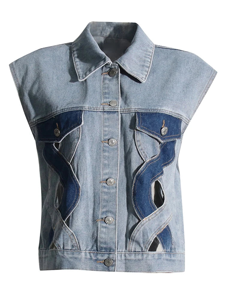 Colorblock Hollow Out Casual Denim Waistcoats For Women Lapel Sleeveless Spliced Single Breasted Streetwear Waistcoat Female