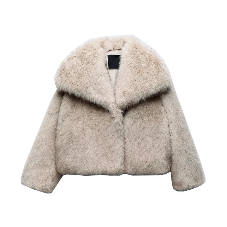 Women's Faux Fur Cropped Jacket Coat Autumn Winter New Lapel Long Sleeve Thick Warm Soft Jacket Female Chic Warm Outerwear Sand