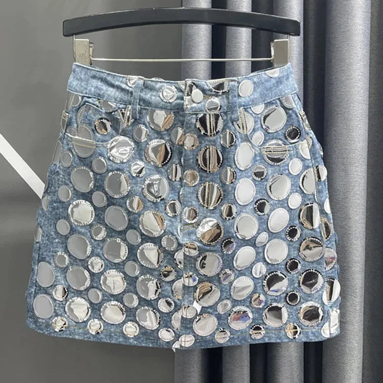 DEAT Summer New Fashion Women's Denim Skirt High Waist Circular Sequin Patchwork Wrap Hip Blue Short Mini Skirts 29L4143