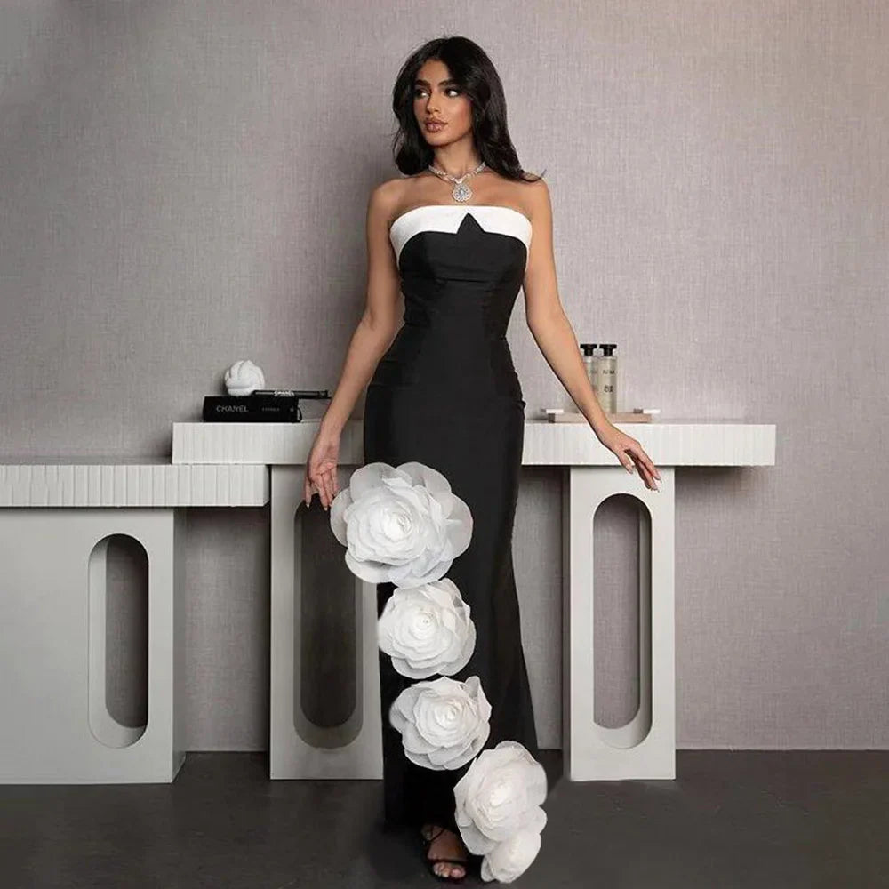 Black Color Women Sexy Off the Shoulder Bodycon Bandage Long Dress White Flowers Fashion Celebrate Evening Party Outfit