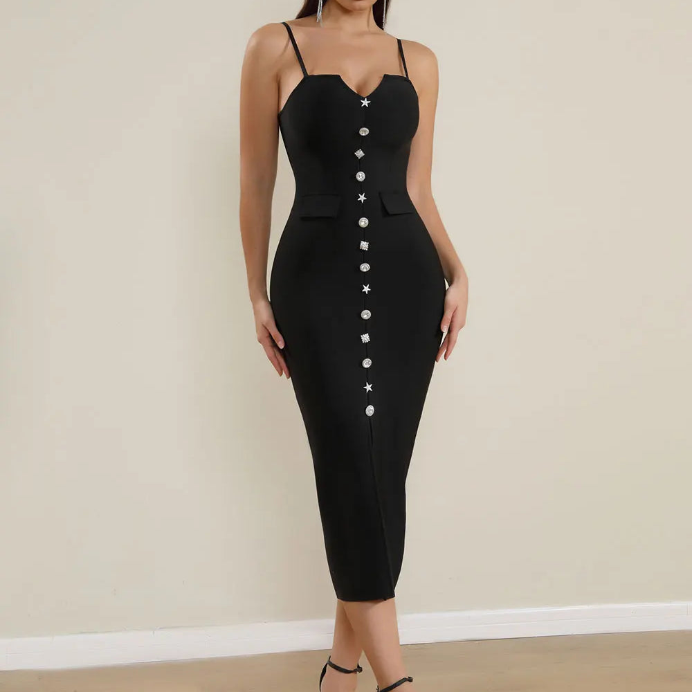 2025 Sexy Women'S Bandage Dress Spaghetti Strap Sleeveless Rhinestone Button Design Bodycon Backless Split Midi Dresses Vestidos