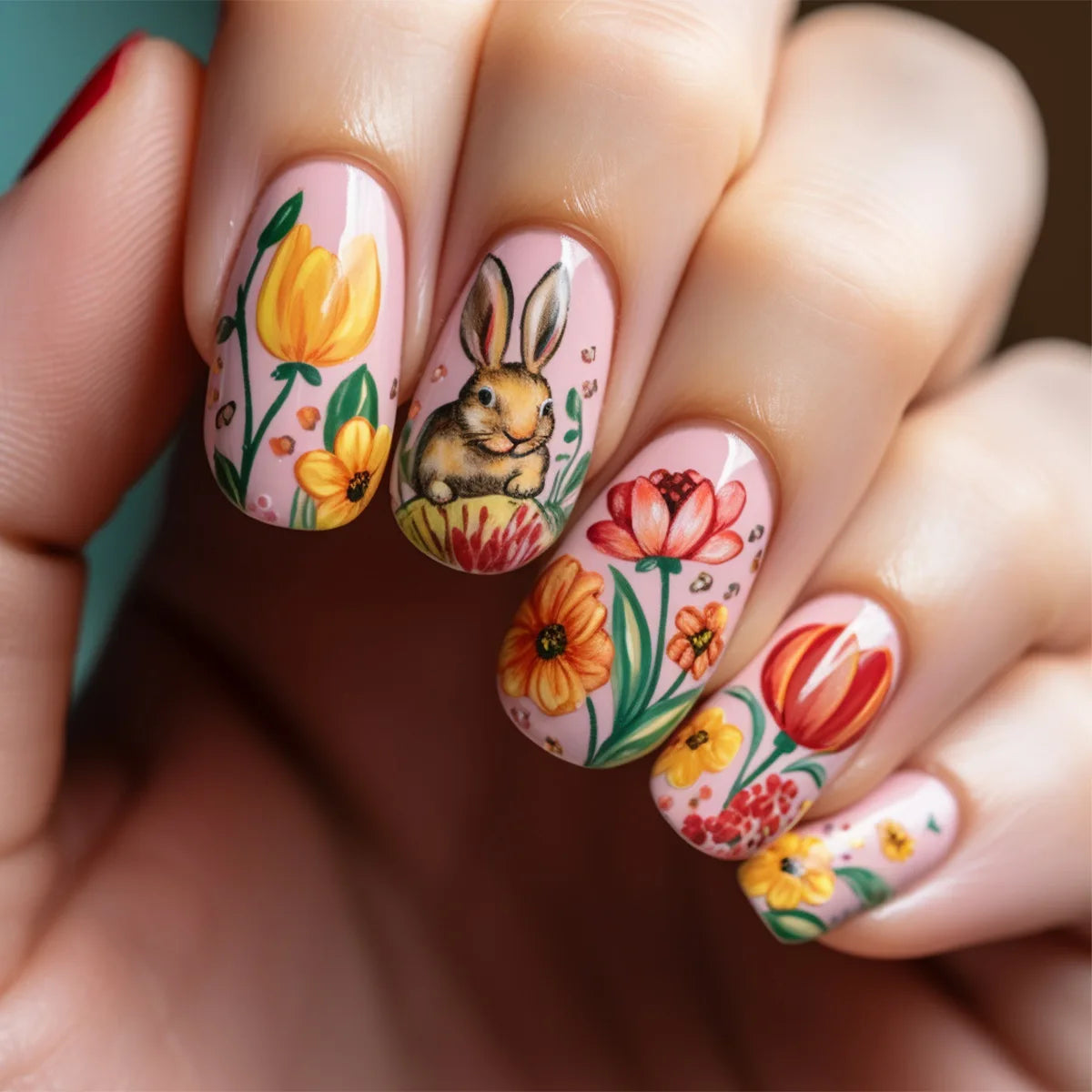 24pcs Easter Cute Rabbit Press On Nails Spring Daisy Flower Design Fake Nail Tips for Girl Women Wearable Short Cute False Nails